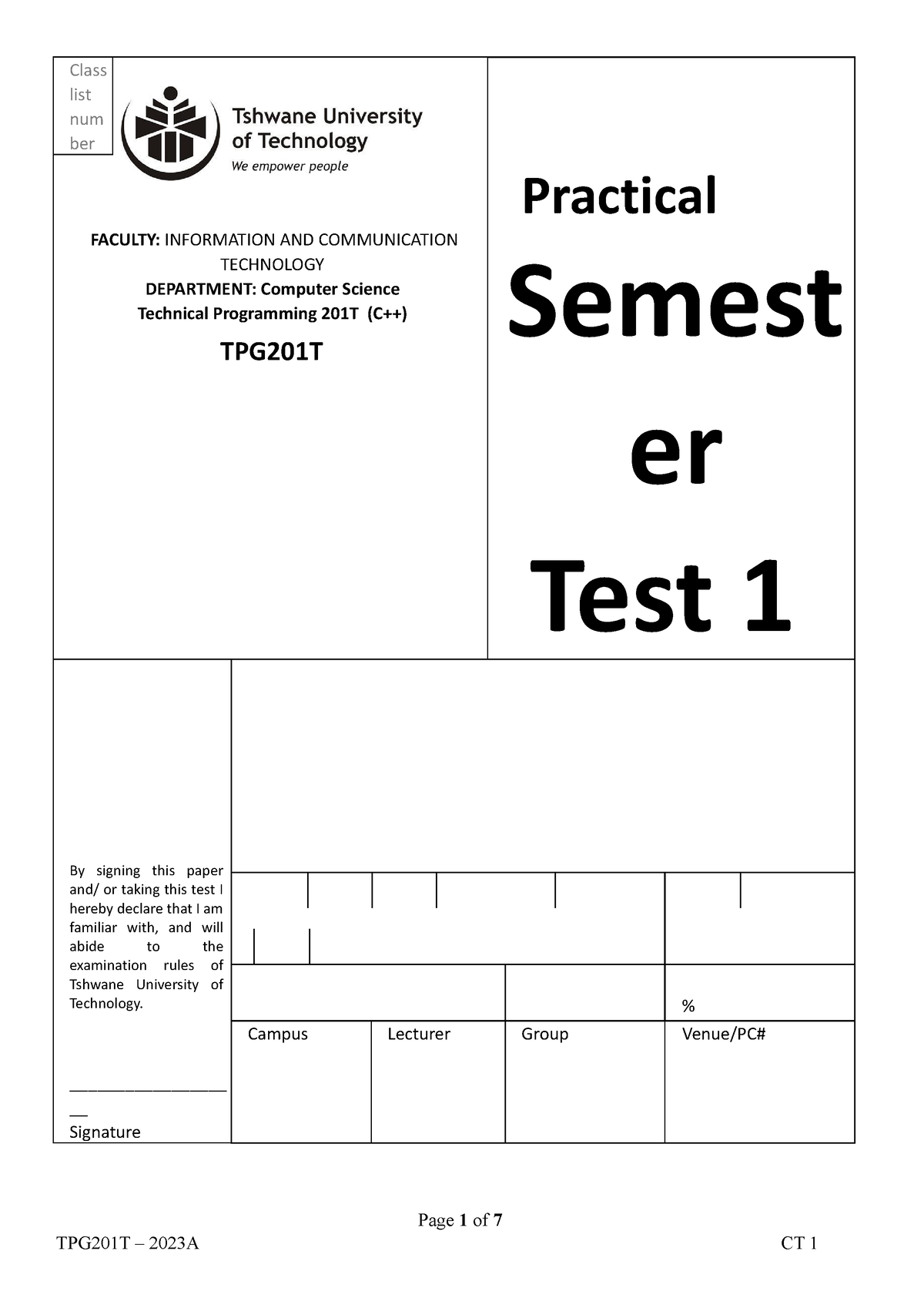 TPG201T Semester Practise - TPG201T - TUT - Studocu