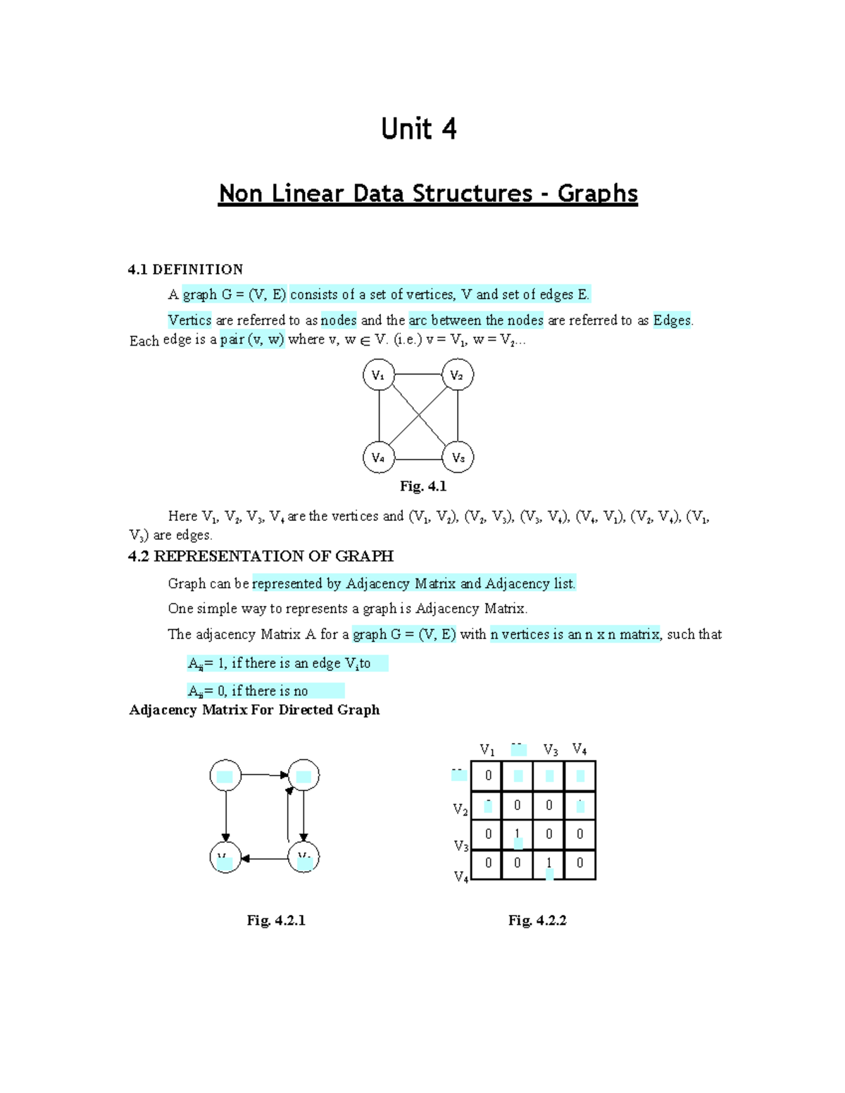 UNIT-4 - Data structure notes - V 1 V 2 V 4 V 3 Aij = 1, if there is an ...