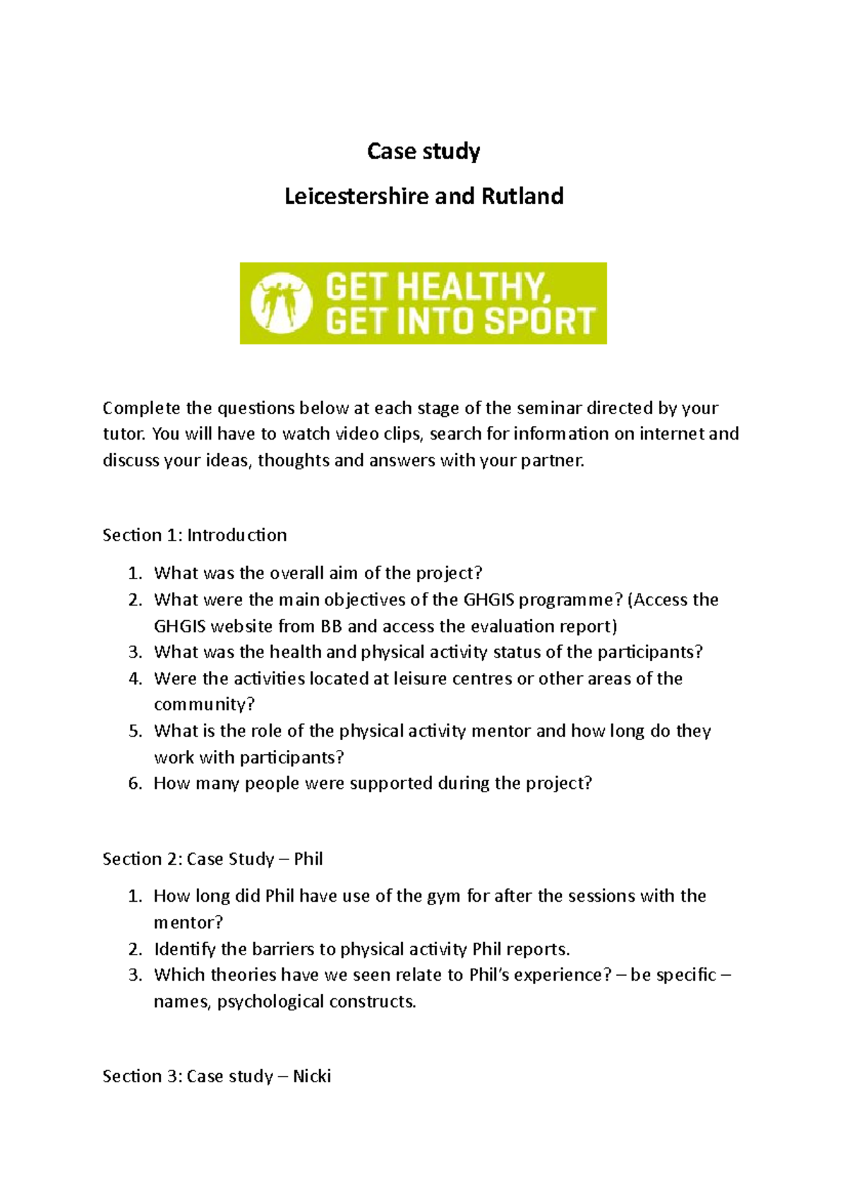 11.10 Get healthy Get into Sport Case study Worksheet Case study