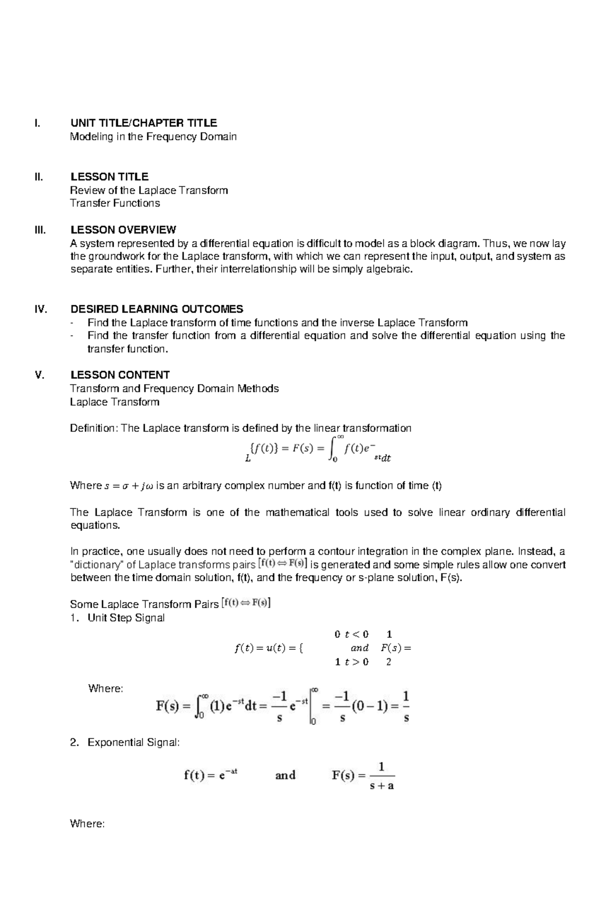 Feedback and Control System Lesson 2 I. UNIT TITLE/CHAPTER TITLE