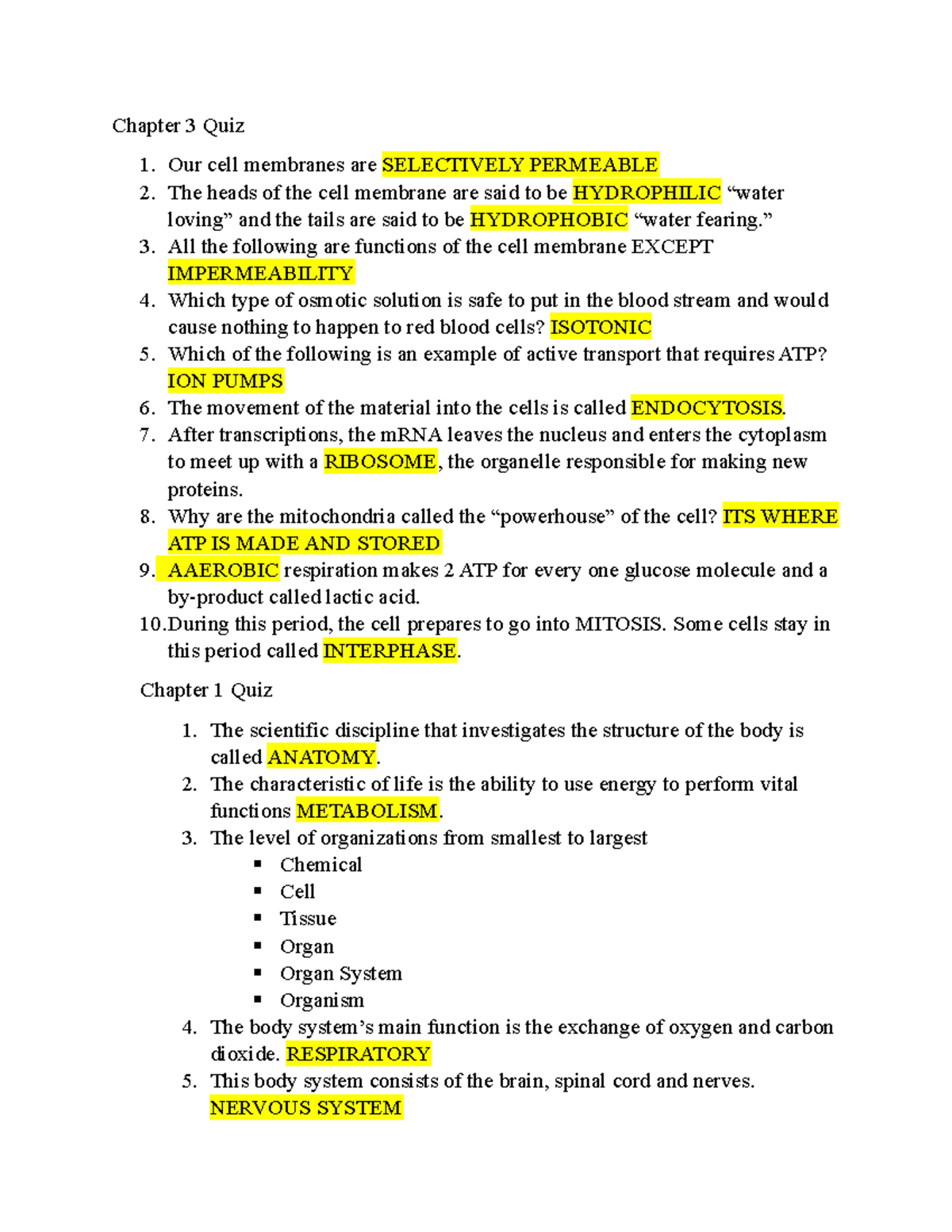 Study guide with chapter 1 and 2 quiz - Chapter 3 Quiz 1. Our cell ...
