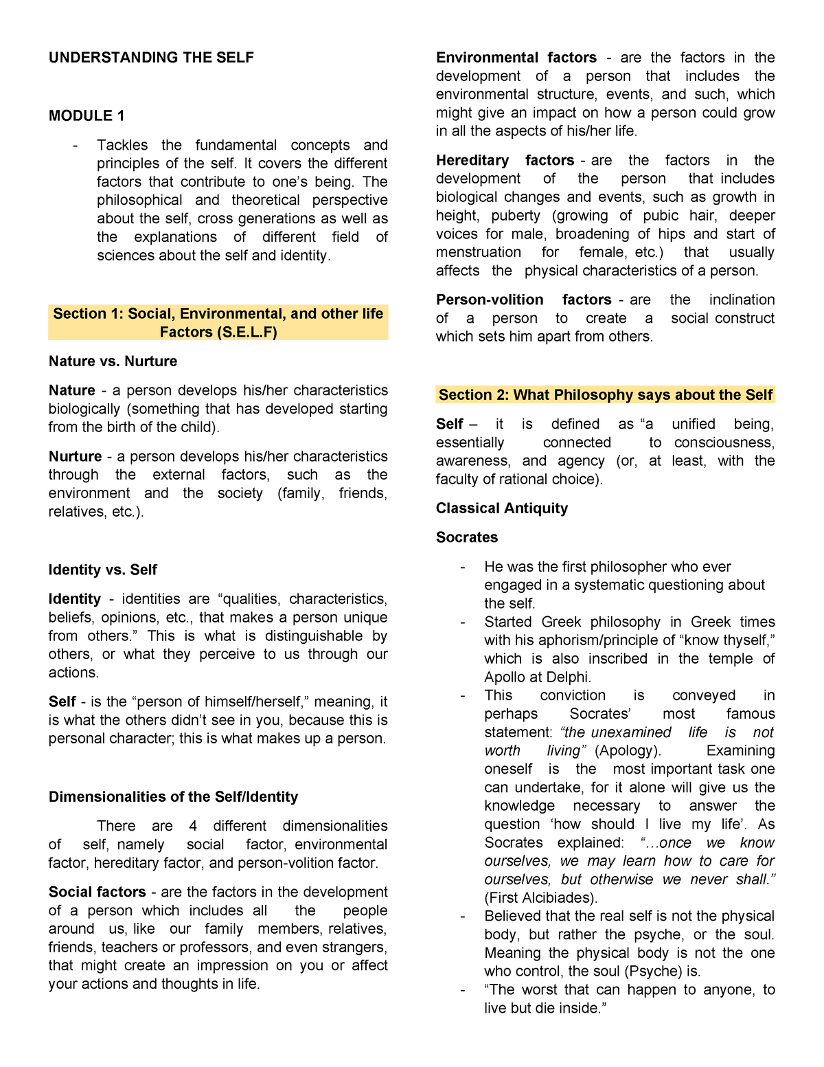 Module 1 - UNDERSTANDING THE SELF MODULE 1 Tackles the fundamental ...