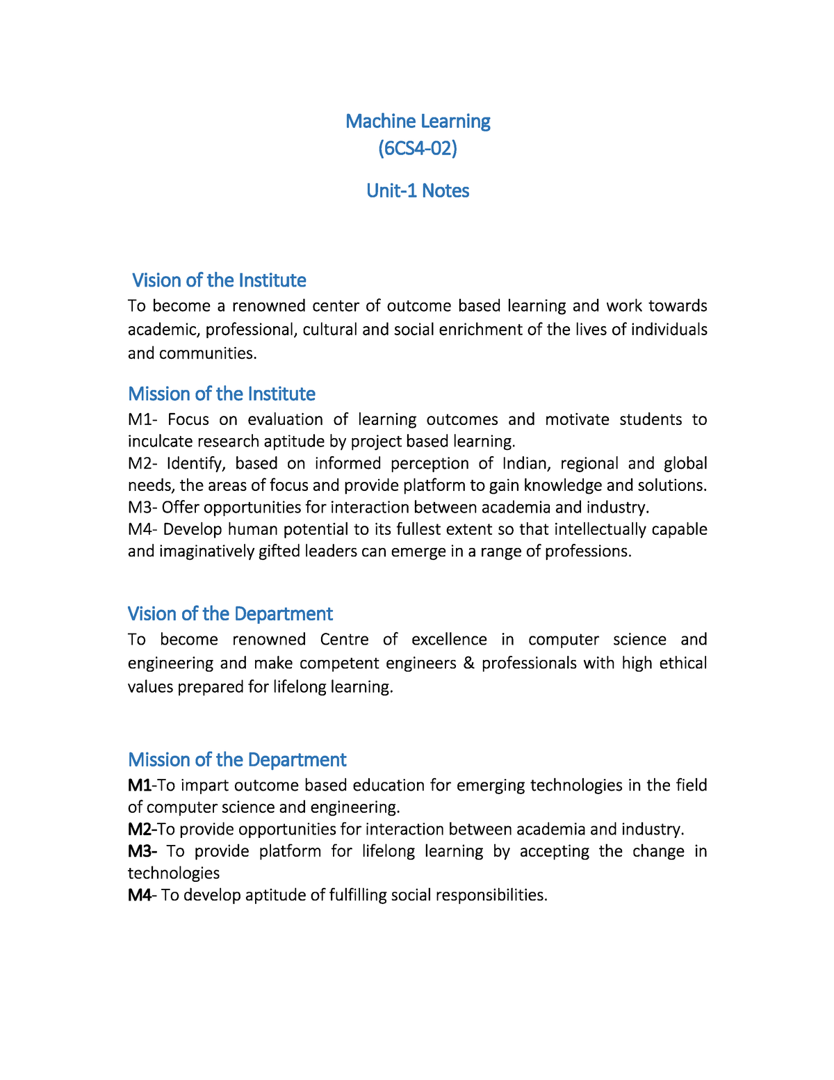 Machine Learning Notes Unit 1 - B.tech - Studocu