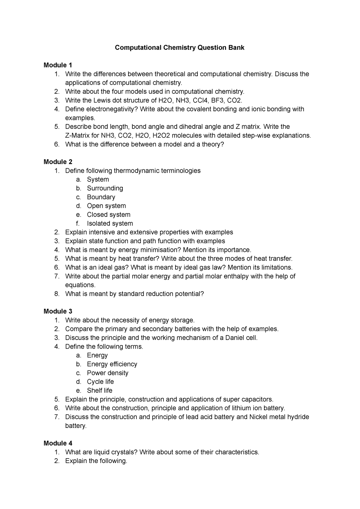 Computational Chemsitry Question Bank - Computational Chemistry ...