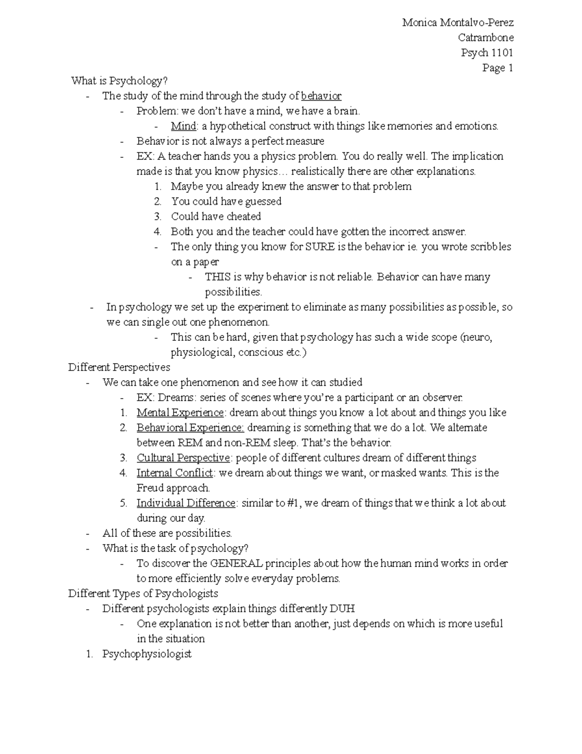 Psych Exam 1 Study Guide Catrambone Psych 1101 Page 1 What is Psychology? The study of the