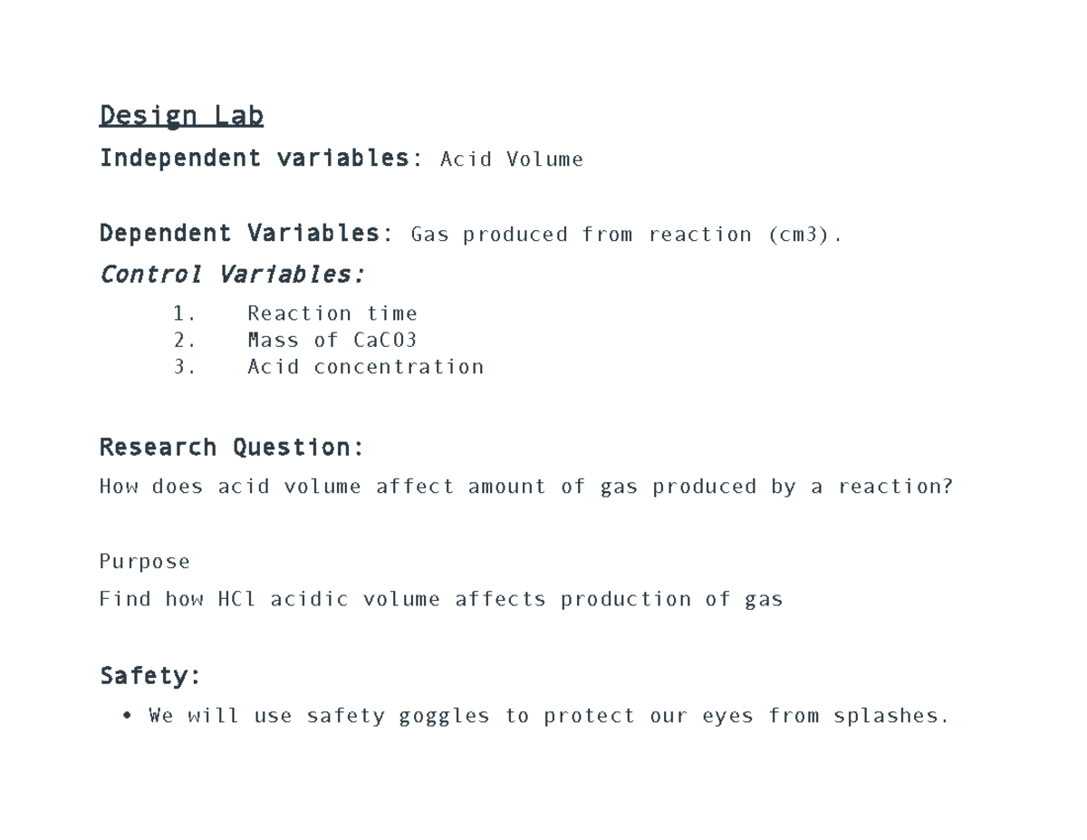 Density Design Lab Example - Design Lab Independent variables: Acid ...