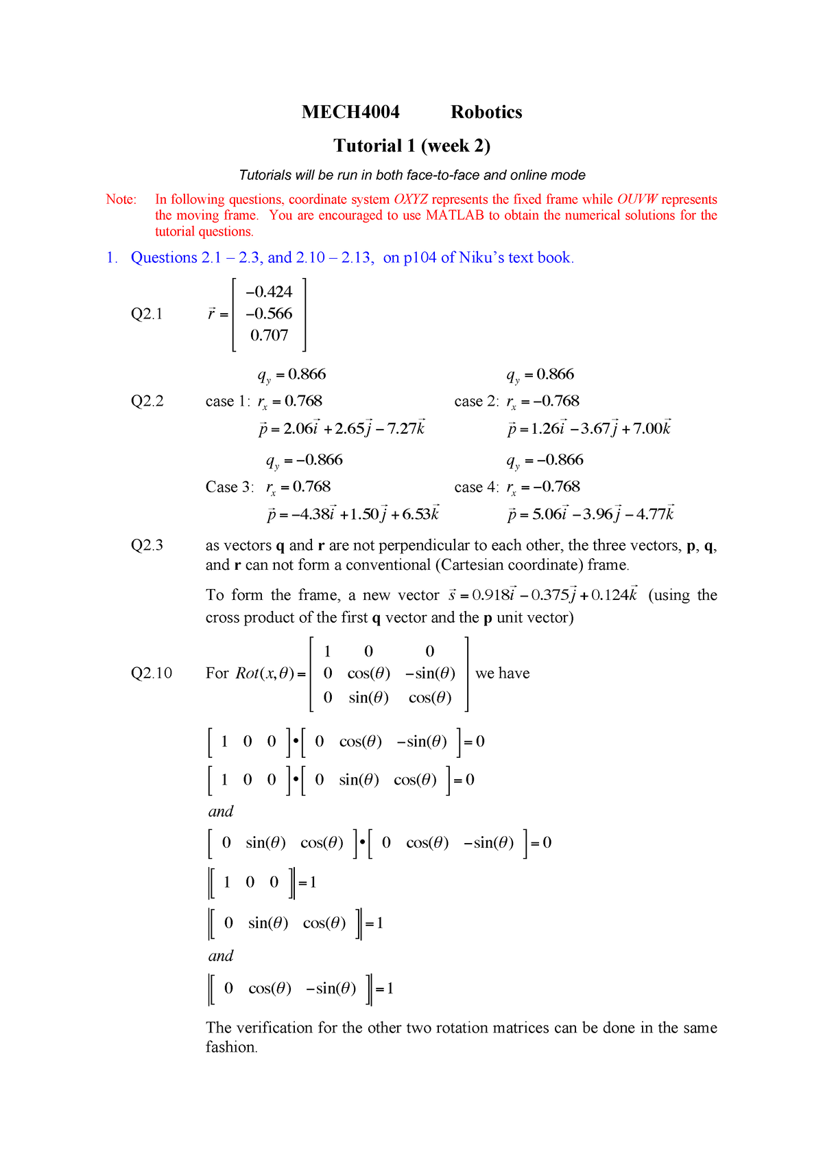 MECH4004 Week 2 Tut-2022-answer - MECH4004 Robotics Tutorial 1 (week 2 ...