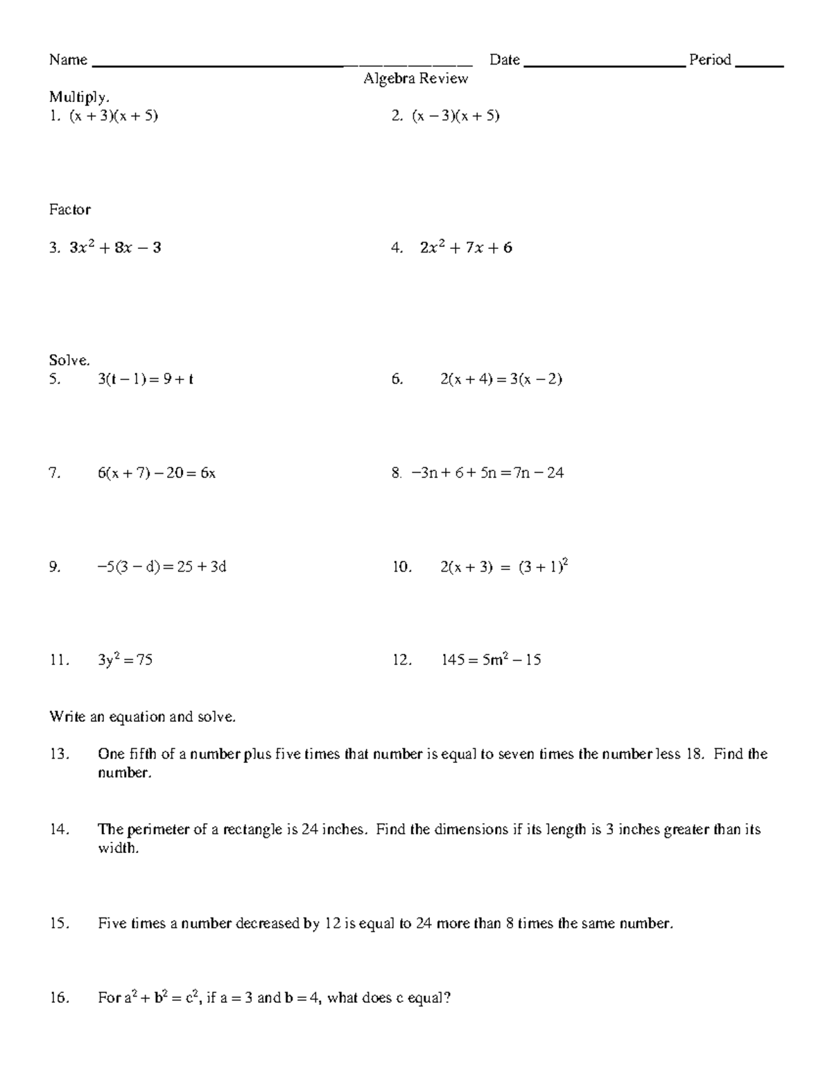 Algebra Review HW - asdasd - Name ________________ Date Period Algebra ...