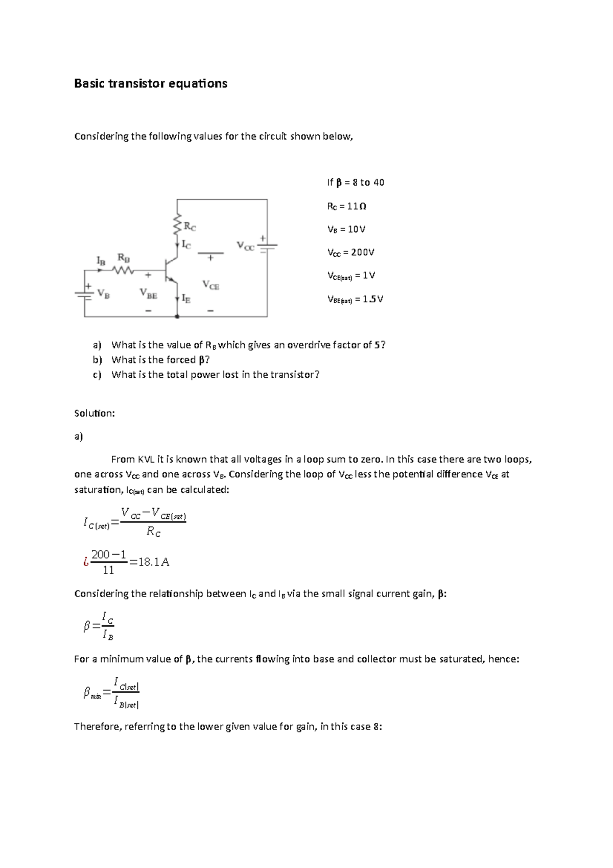 Basic transistor equations Basic transistor equations Considering the following values for the