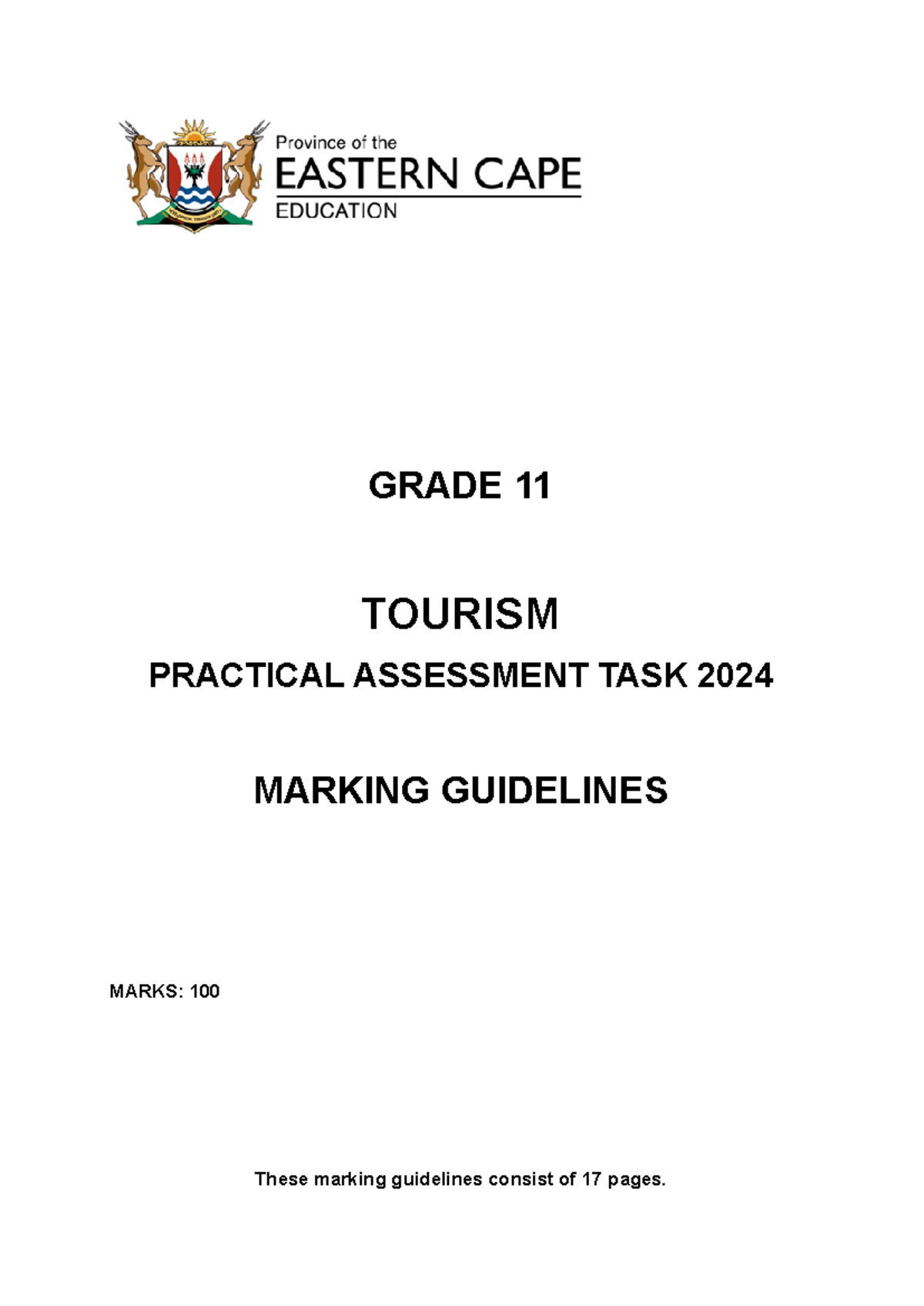 Grade 11 Tourism PAT 2024 Marking Guideline (Eng) Ecdoe - GRADE 11 ...