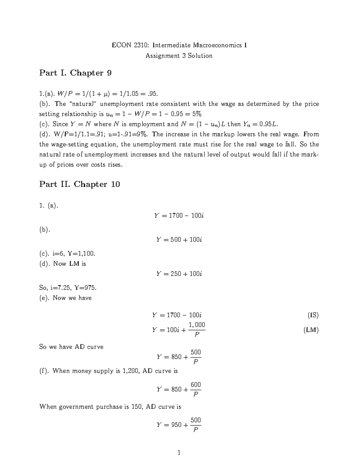 Assignment 3 Solution Macroeconomics Econ 2310 Intermediate