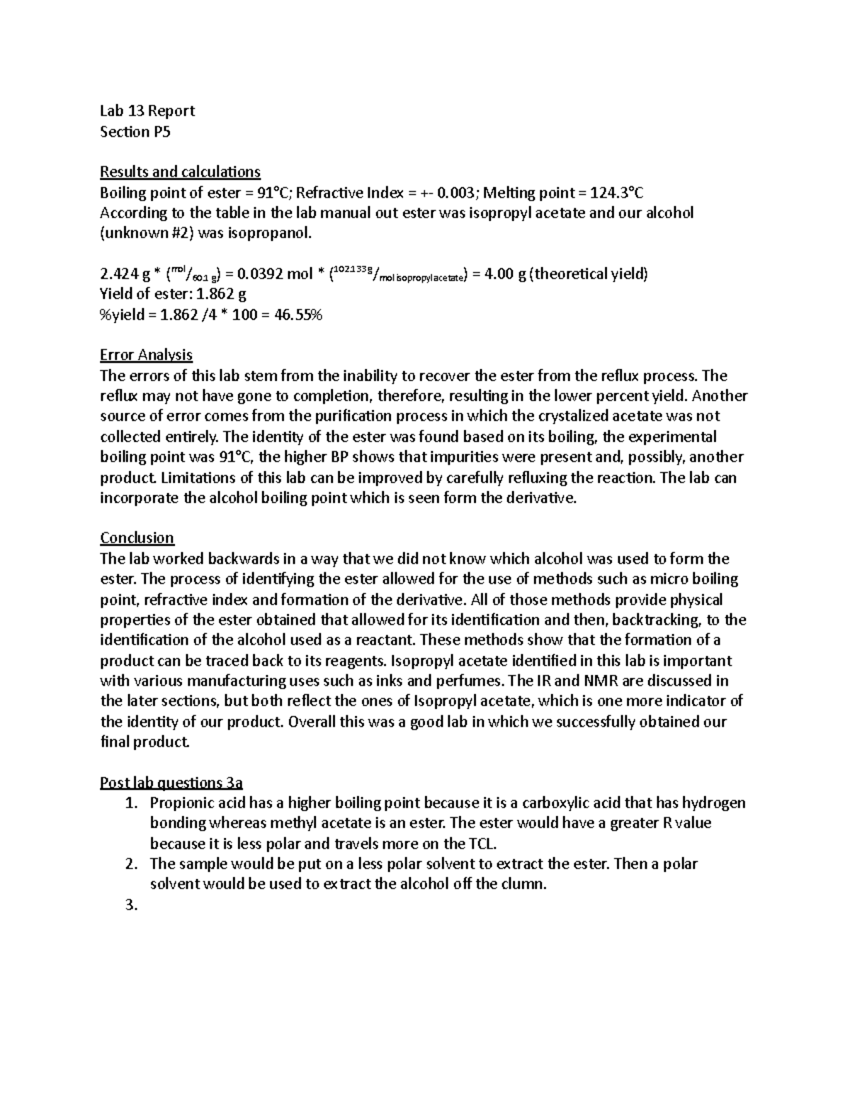 Lab 13 Lab report for organic chemistry Lab 13 Report Section P5