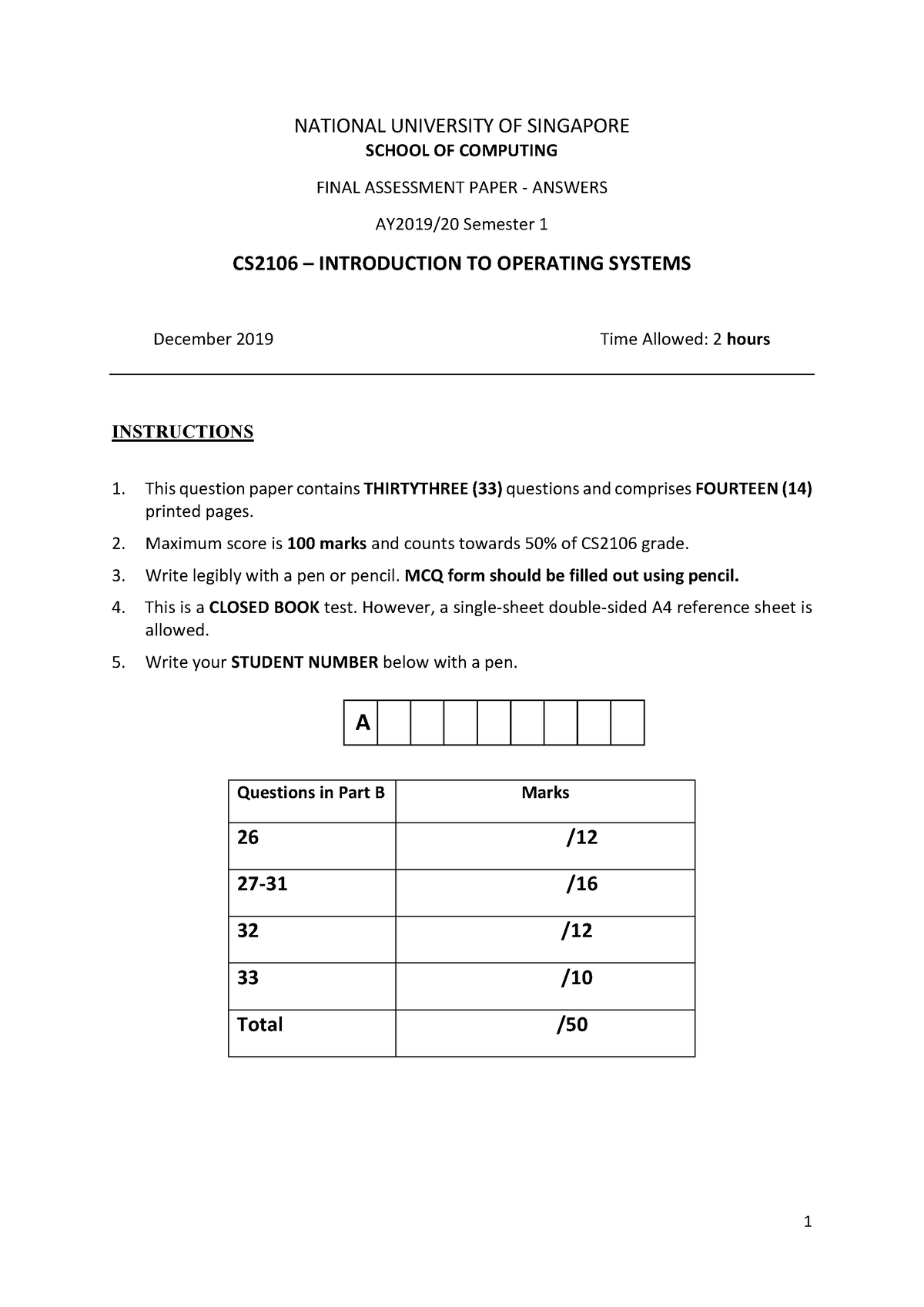 Cs2106exam 1920s1 solutions - NATIONAL UNIVERSITY OF SINGAPORE SCHOOL ...