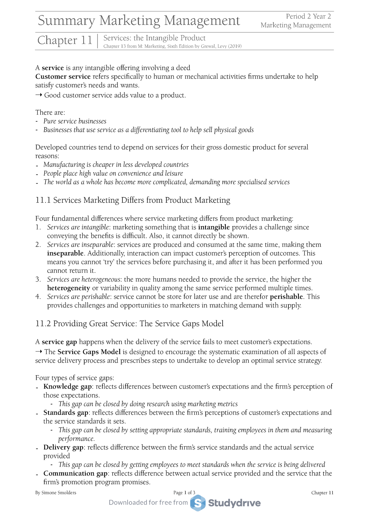 Summary Marketing Management Chapter 11 - A Service Is Any Intangible ...