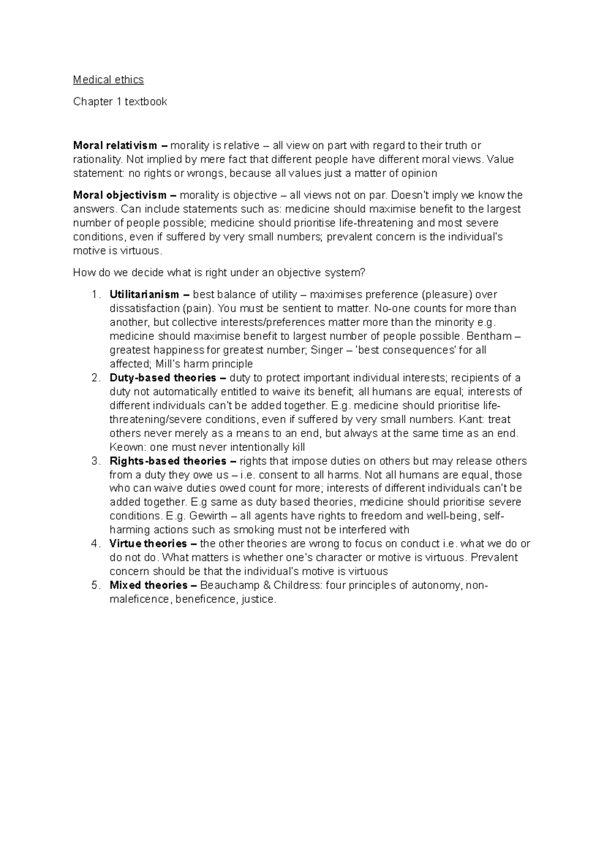 Medical ethics Lecture notes 120 Medical ethics Chapter 1 textbook