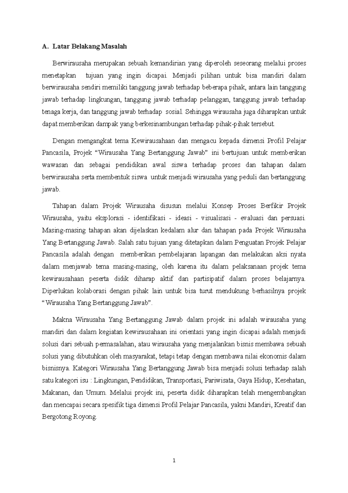 Projek pelajar pancasila 1 wirausaha A. Latar Belakang Masalah Berwirausaha merupakan sebuah