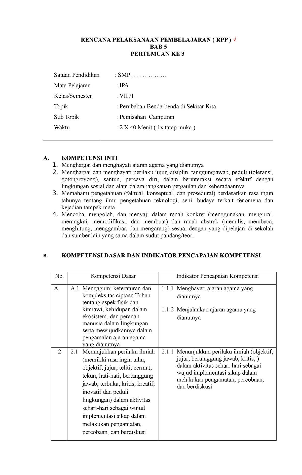 RPP BAB 5 Pertemuan 3 Ok - RENCANA PELAKSANAAN PEMBELAJARAN ( RPP ) √ ...