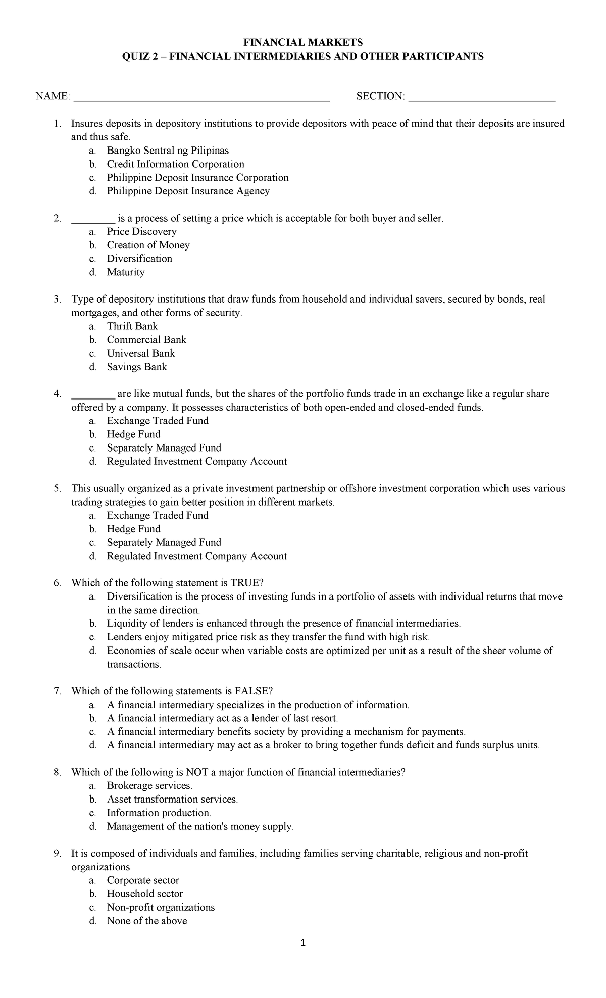 Quiz 2 -Financial Intermediaries - 1 FINANCIAL MARKETS QUIZ 2 ...