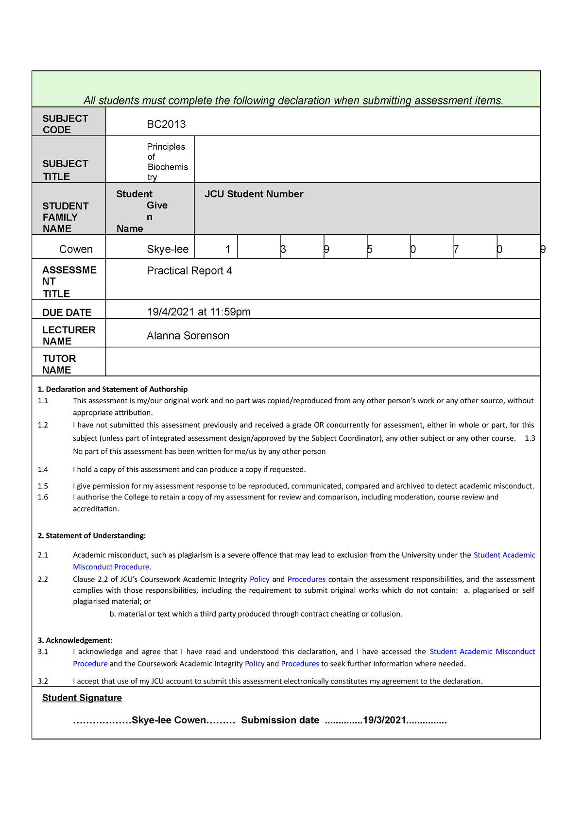 Prac report 4 BC2013 - All students must complete the following ...