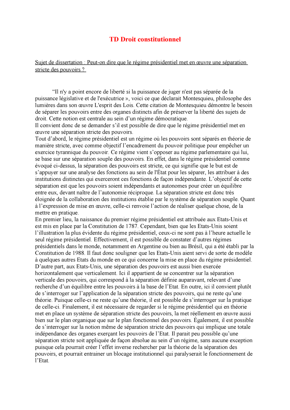 TD Droit Constitutionnel Séparation Des Pouvoirs - TD Droit ...