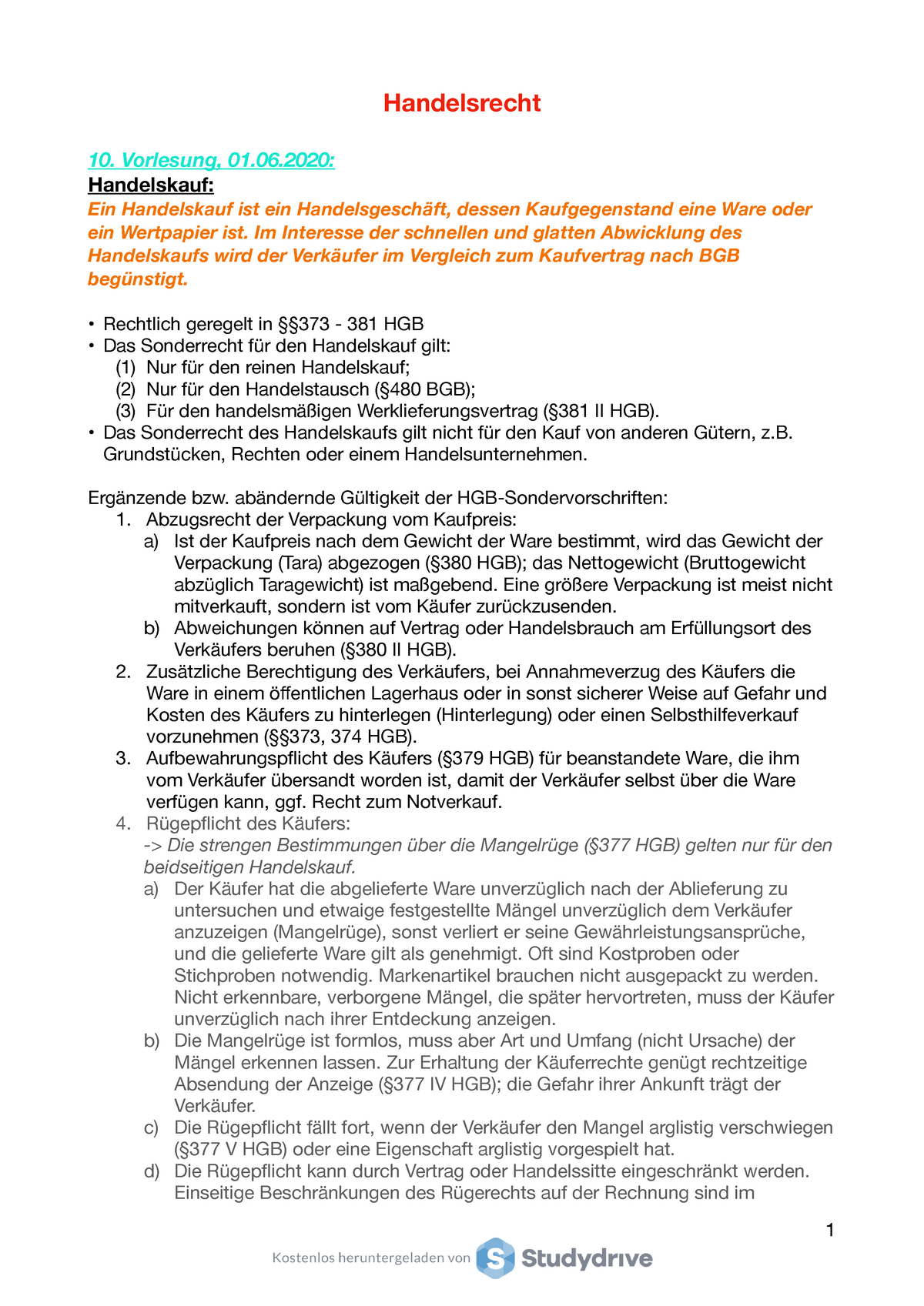 10. Vorlesung - 01 - Handelsrecht 10. Vorlesung, 01.06: Handelskauf ...