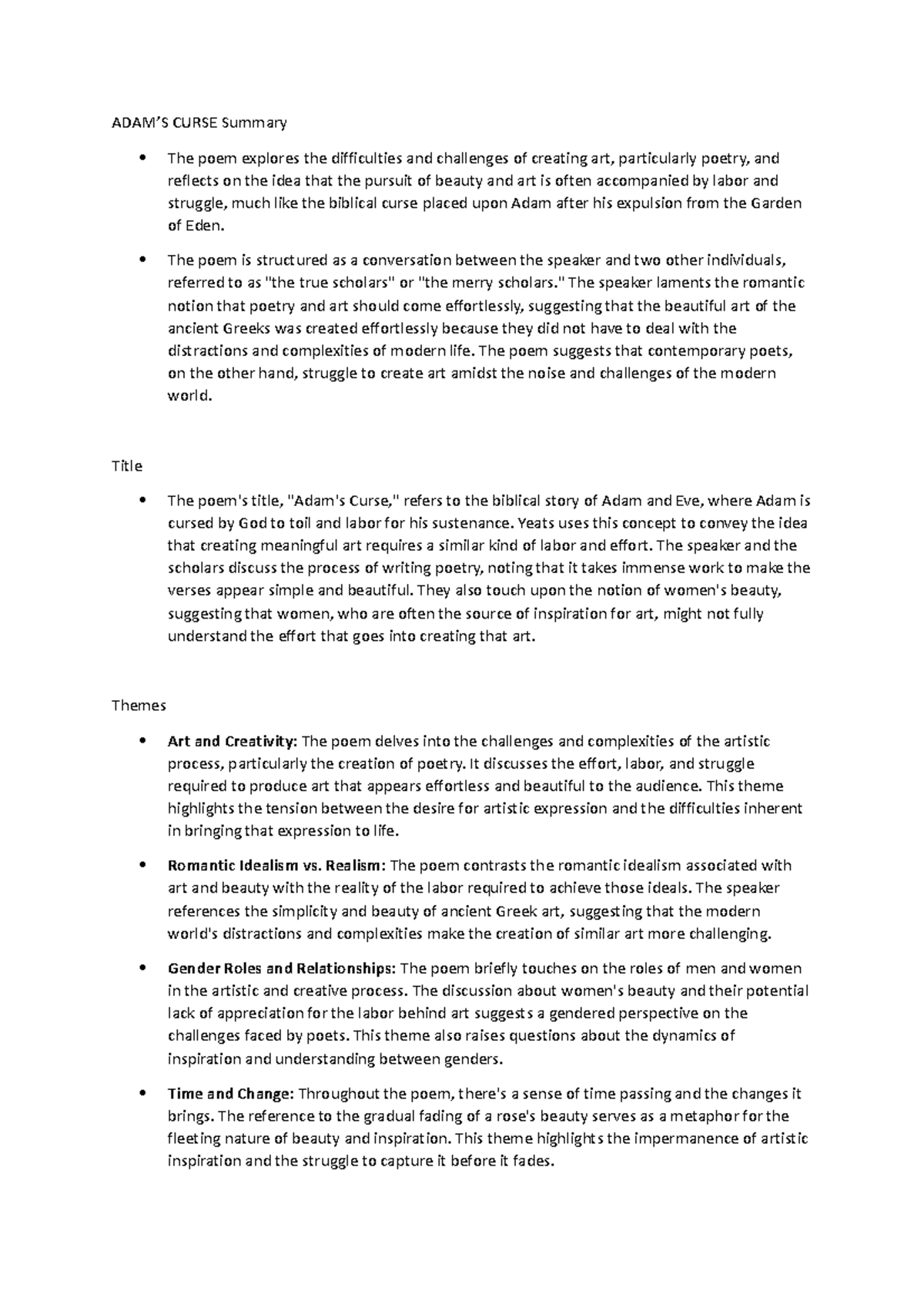 Summary of Yeats poems - ADAM’S CURSE Summary The poem explores the ...