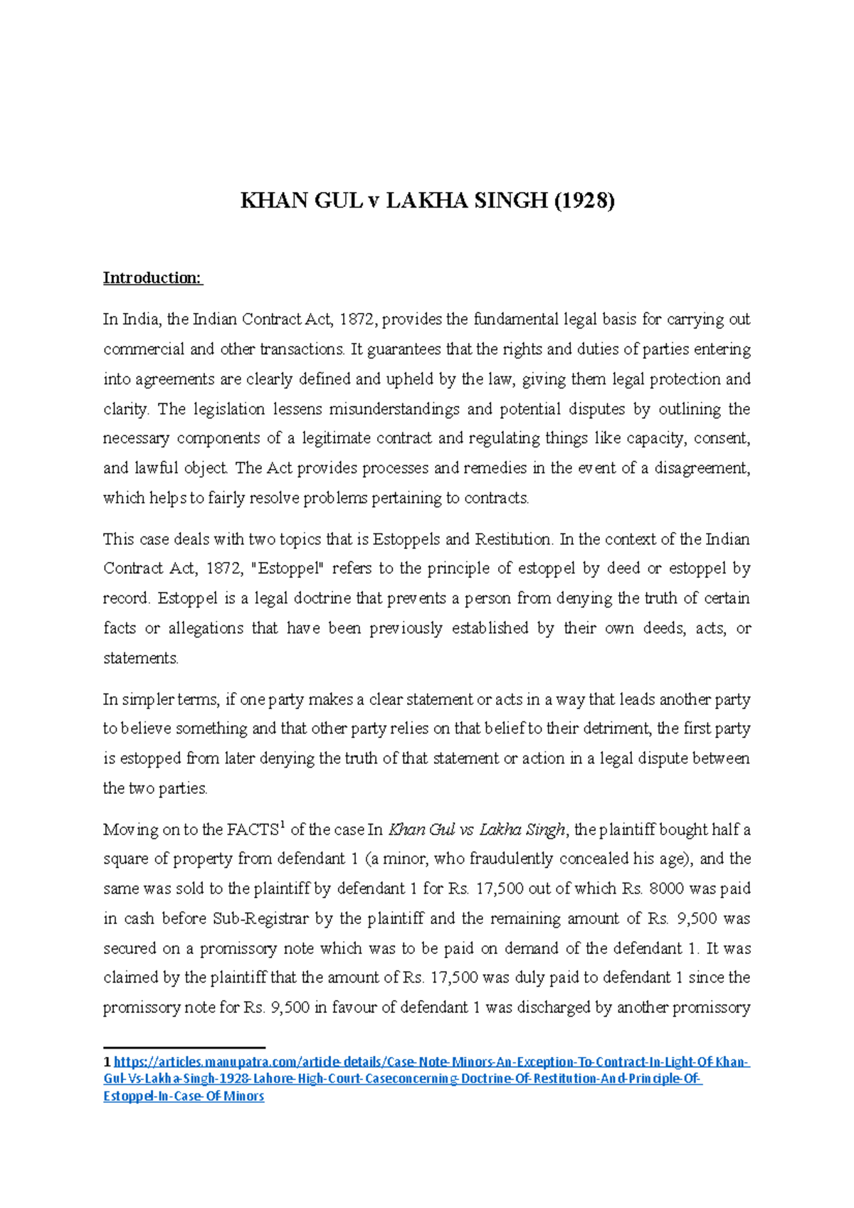 Khan gul vs lakhs singh - another case analysis for contract law - KHAN ...