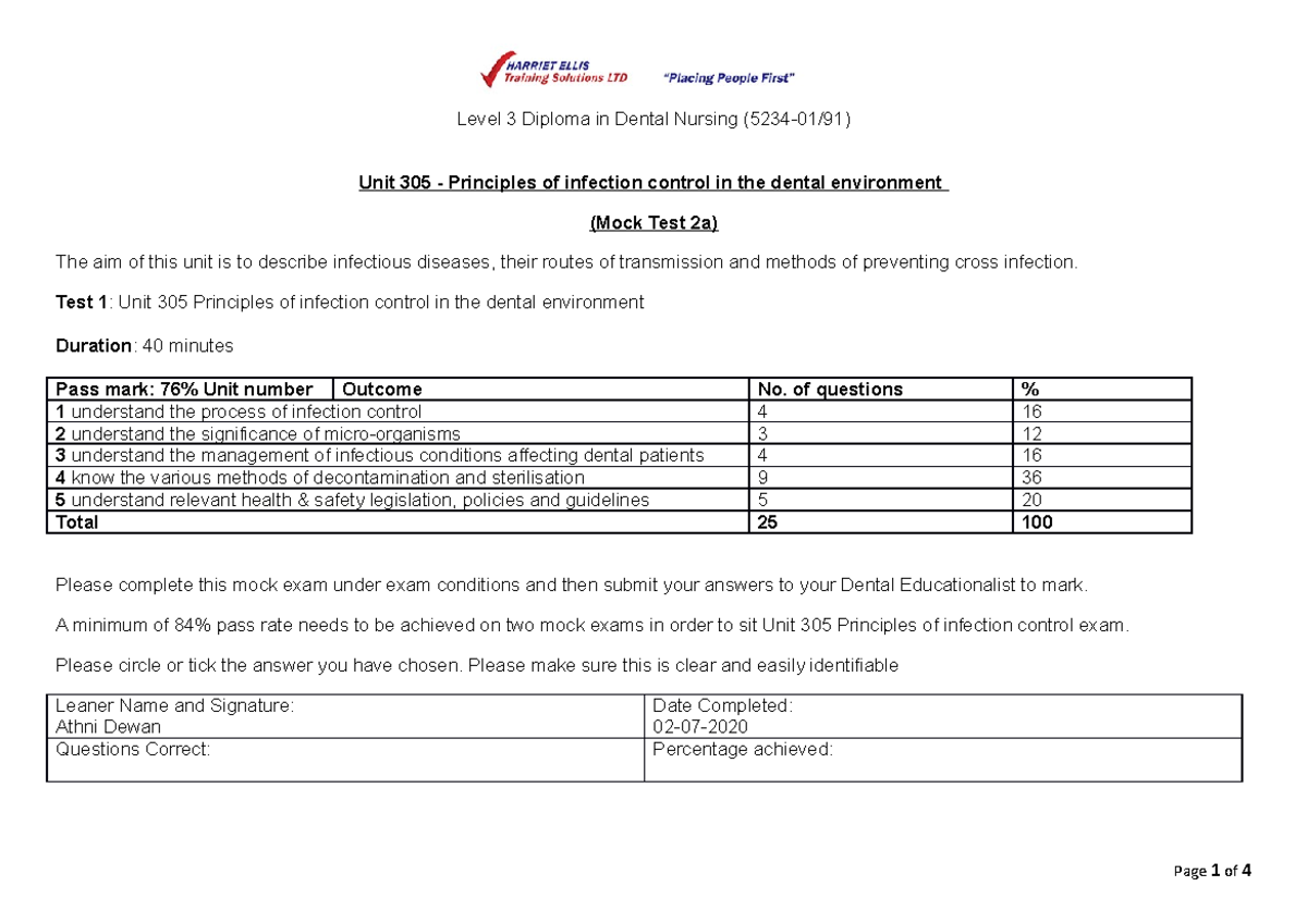 Mock 2A block 1 paper Unit 305 Principles of infection control in