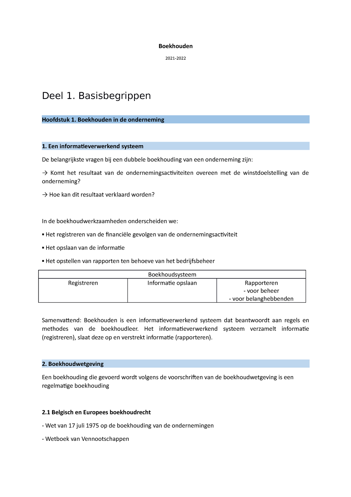 Boekhouden - Boekhouden 2021- Deel 1. Basisbegrippen Hoofdstuk 1 ...