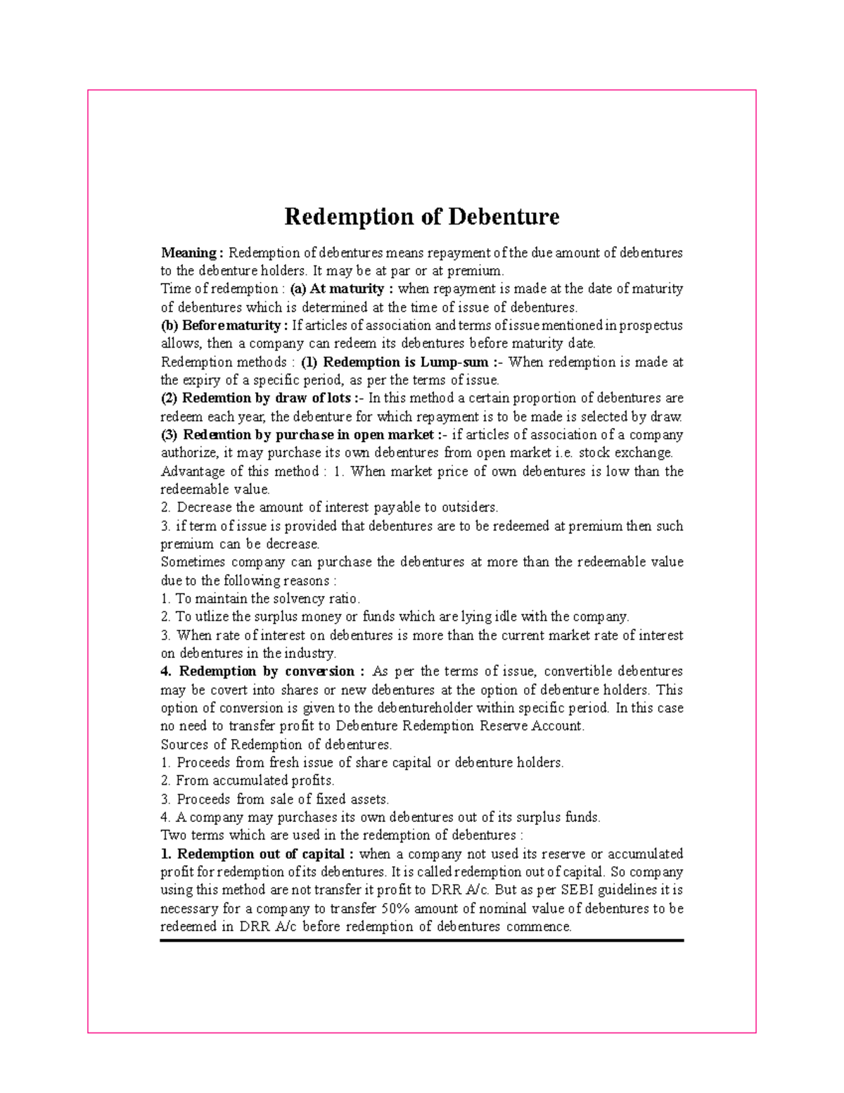 Note about Redemption of debenture CHAPTER 9 Redemption of Debenture