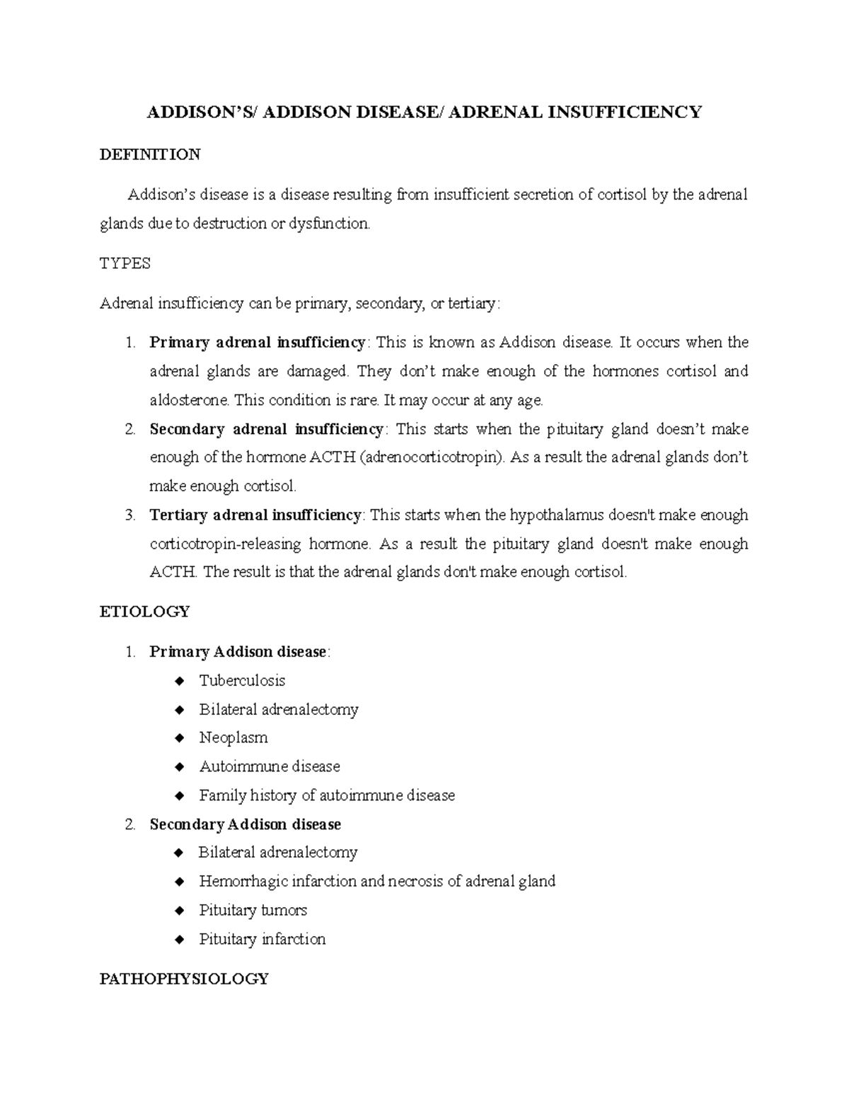 Addison study note to conclude ADDISON’S/ ADDISON DISEASE/ ADRENAL