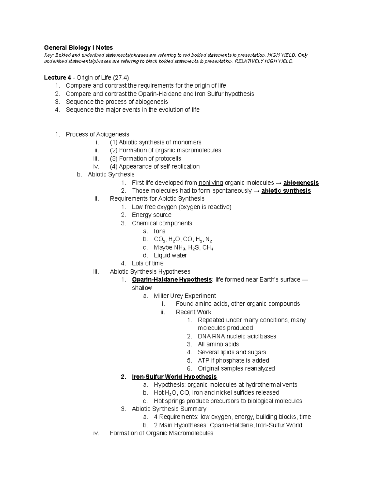 Gen Bio I Lecture 4 - Gen Bio Notes Abiogenesis Beal - General Biology ...