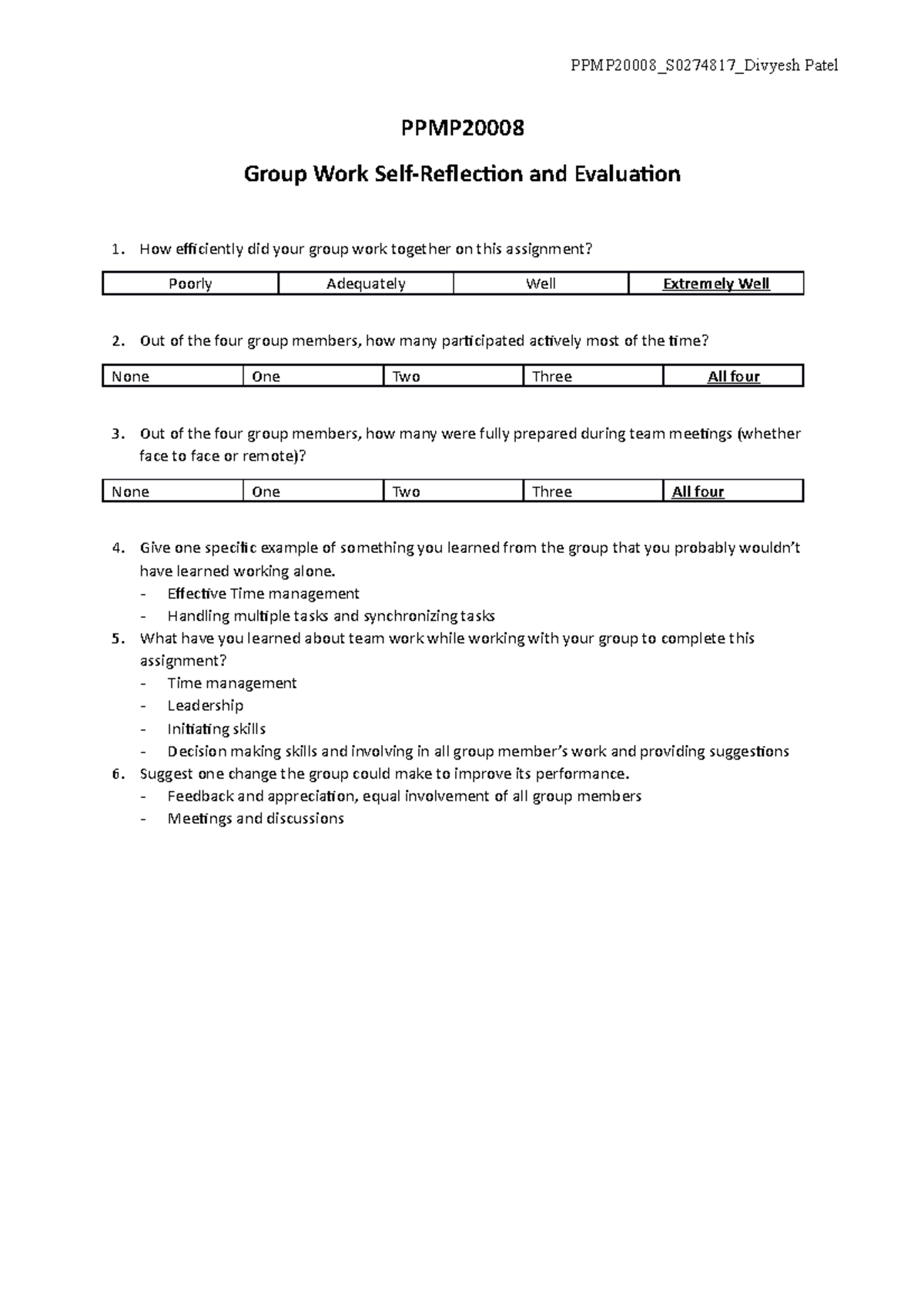 PPMP2000 8 Group Reflection and Contribution exvaluation template ...