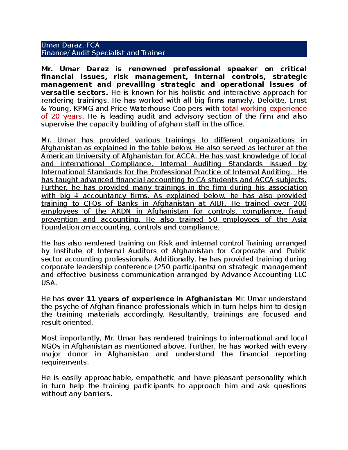 Umar Daraz-CV Sample - Good - Umar Daraz, FCA Finance/ Audit Specialist ...