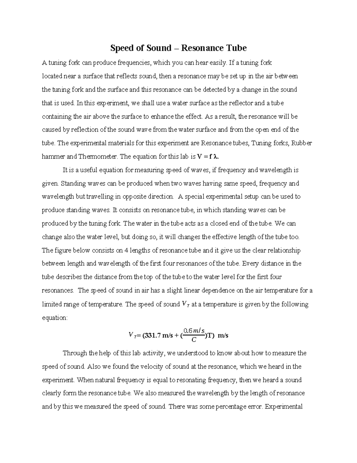Speed of Sound - This is a full lab report for engineering. - Speed of ...