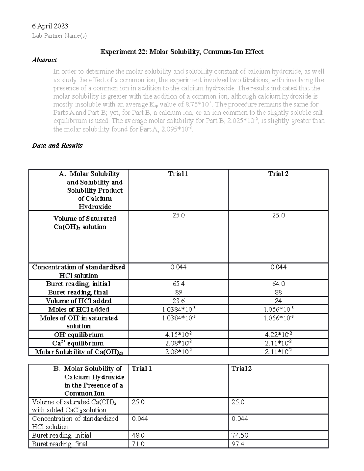Short Report Form GCII Molar Solubility 6 April 2023 Lab Partner