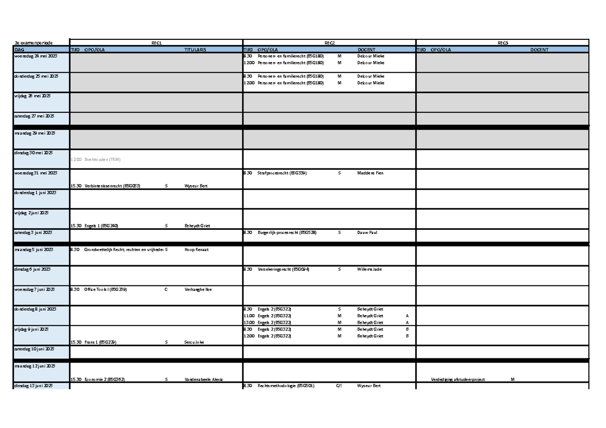 HWB Examenrooster Juni 2023 - REC - 2e Examenperiode DAG TIJD OPO/OLA ...