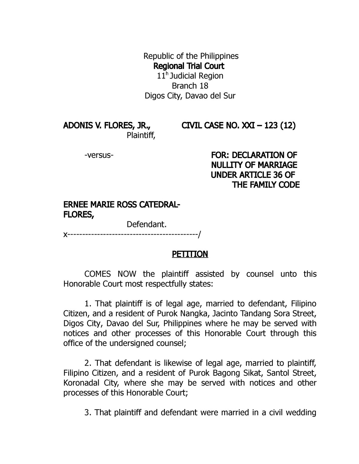 1 Petition Annulment ACDF Republic of the Philippines Regional