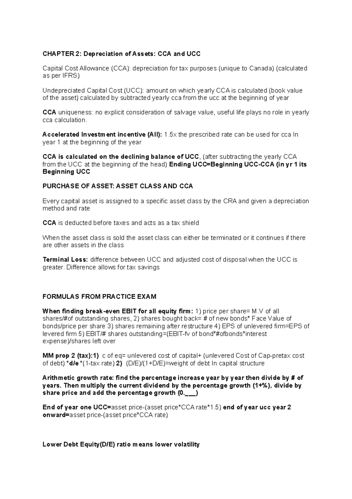 2fb3 exam notes mid term 1 - CHAPTER 2: Depreciation of Assets: CCA and ...