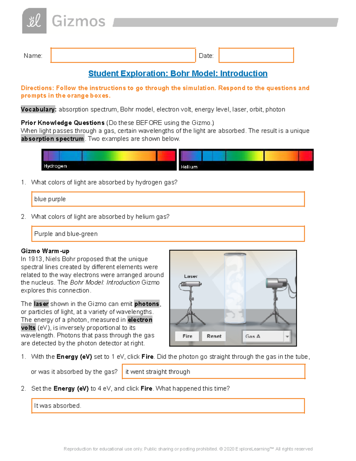 Bohr Model Gizmos - Name: Date: Student Exploration: Bohr Model ...