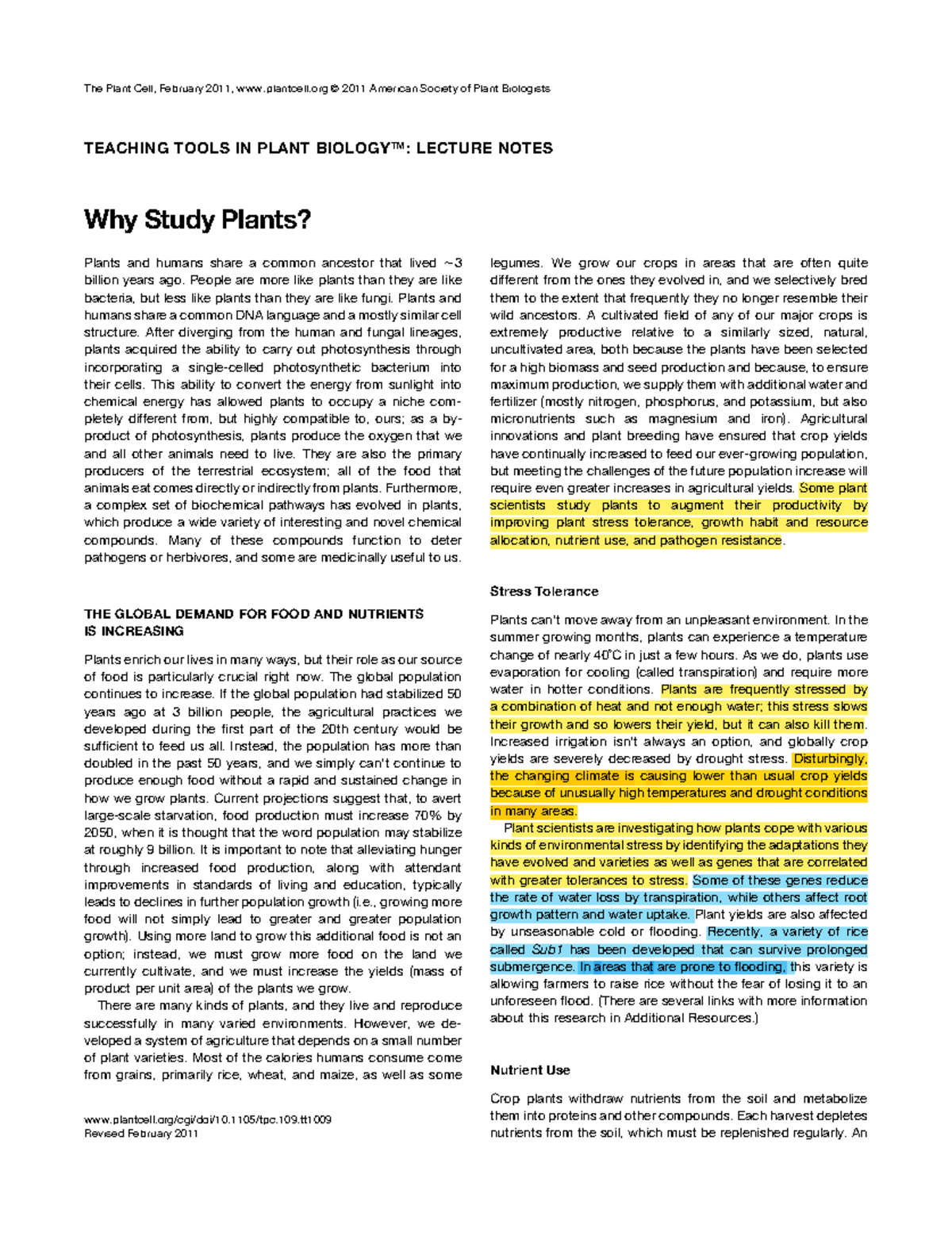 Reading 1 FOR BIO 154 TEACHING TOOLS IN PLANT BIOLOGY™ LECTURE