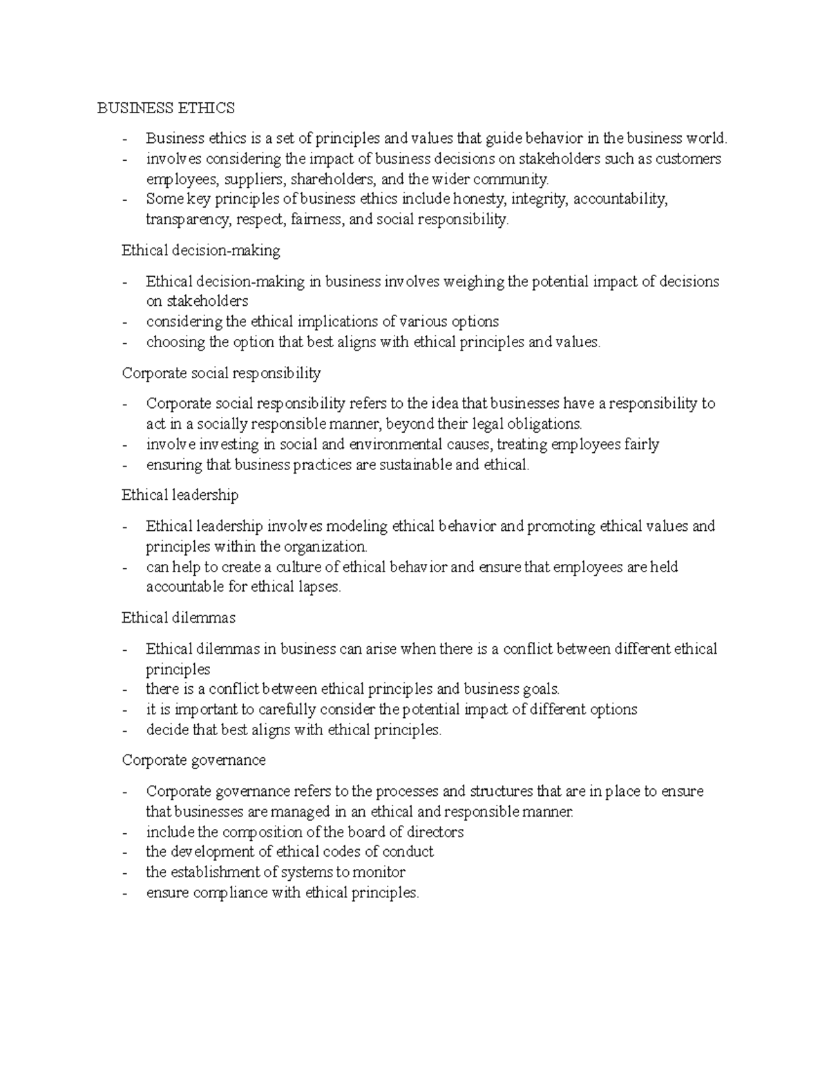 Business Ethics Notes 1 - BUSINESS ETHICS Business ethics is a set of ...