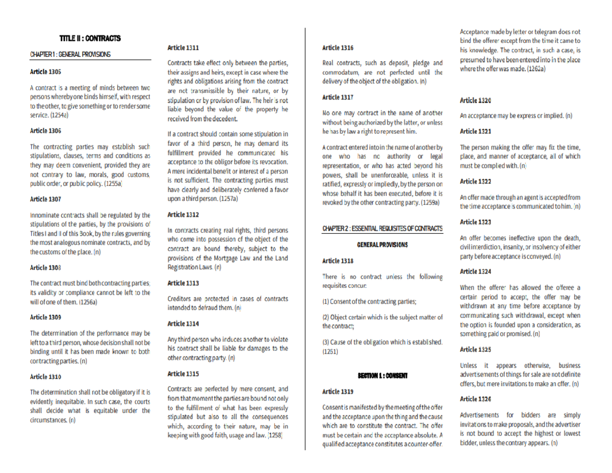 Codals Contracts Natural- Obligation - Acceptance made letter or ...