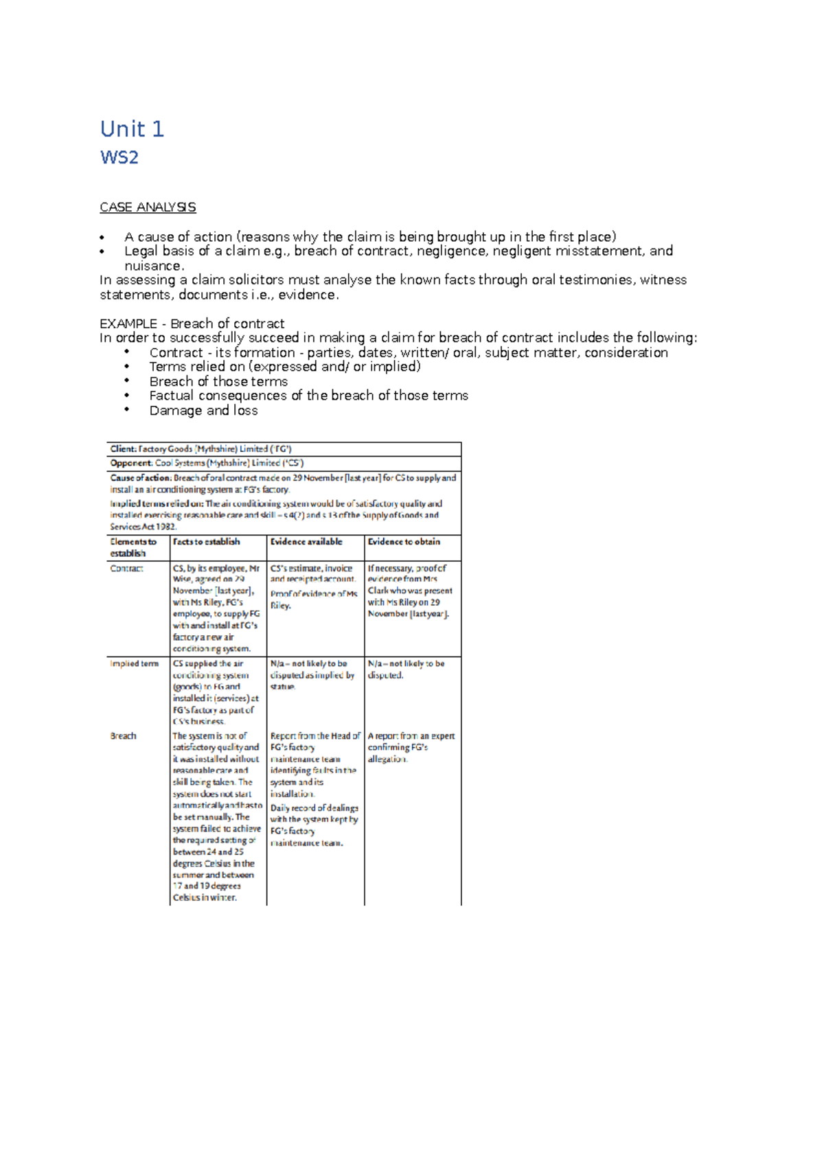 Workshop DR Reading W1 - Unit 1 WS CASE ANALYSIS A cause of action ...