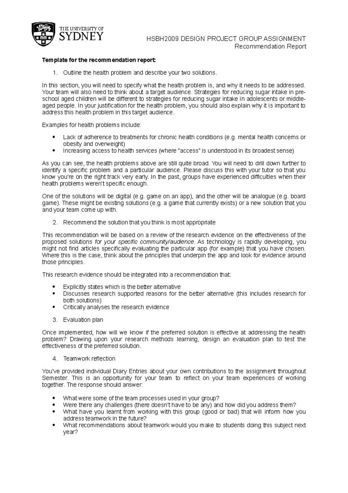 HSBH2009 Design Project Recommendation Report template 2020 - HSBH2009 ...