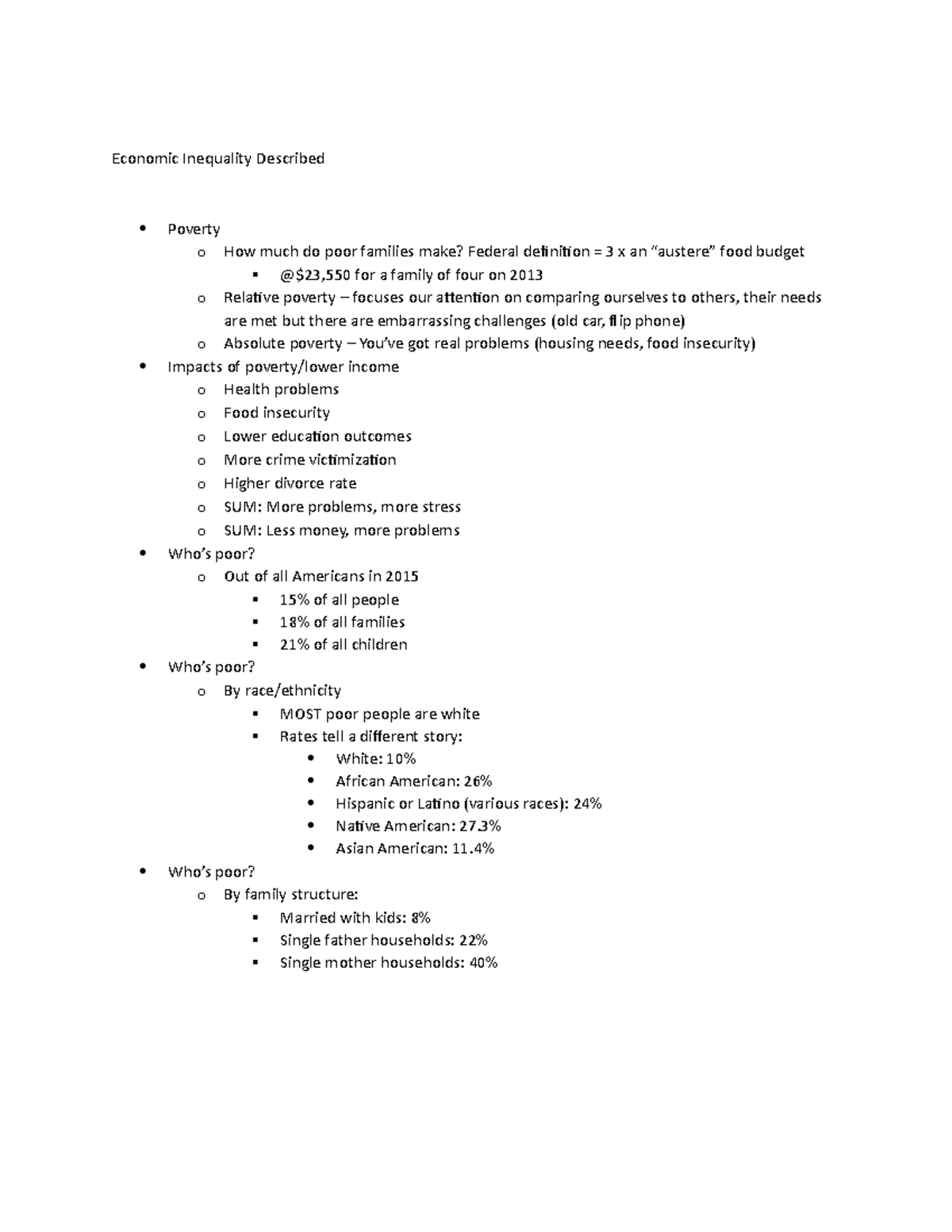 Inequality - Lecture notes 1 - Economic Inequality Described Poverty o ...