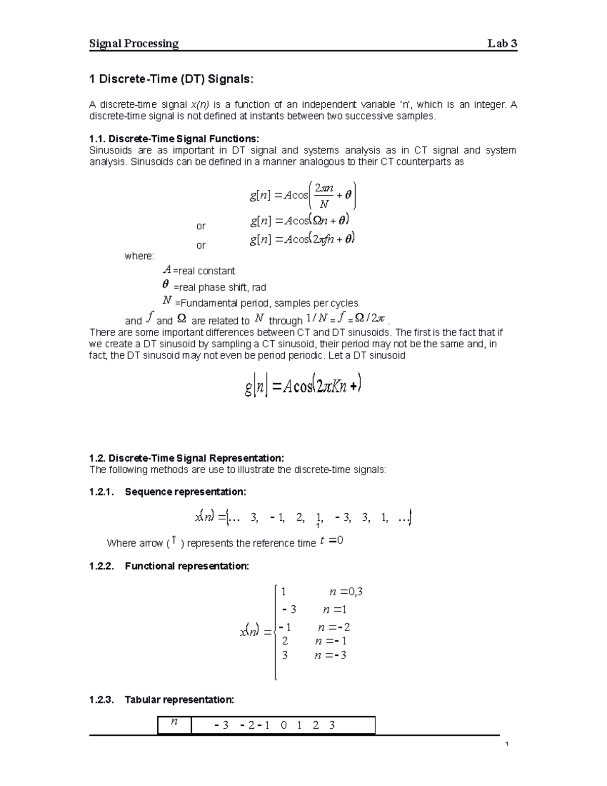 Lab 3 - tasks - Signal Processing Lab 3 1 Discrete-Time (DT) Signals: A ...