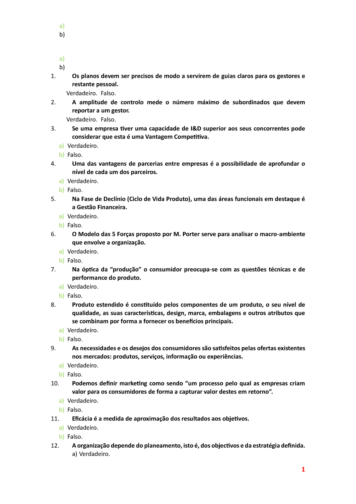 Gestão De Empresas - Perguntas 1º Teste - A) B) A) B) Os Planos Devem ...