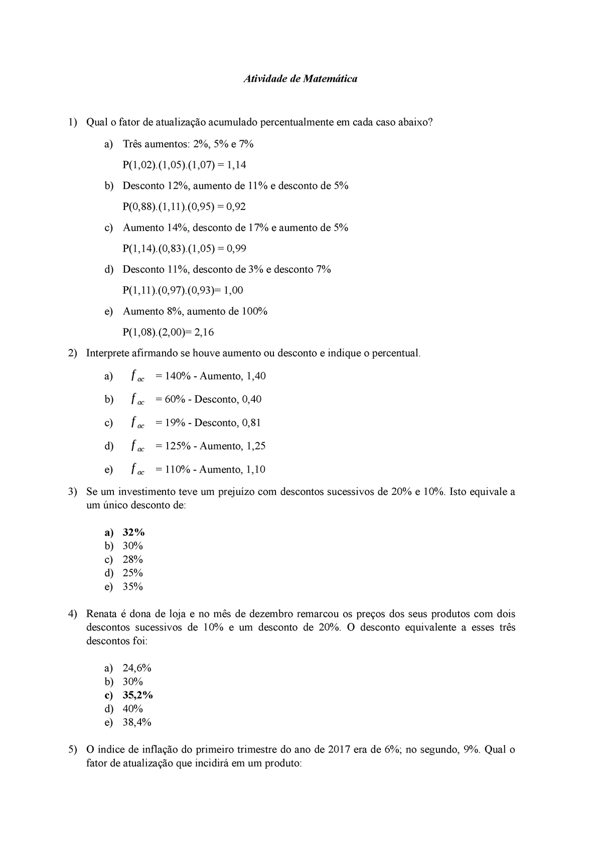 QUESTÕES DE PORCENTAGEM, REAJUSTE E DESCONTO