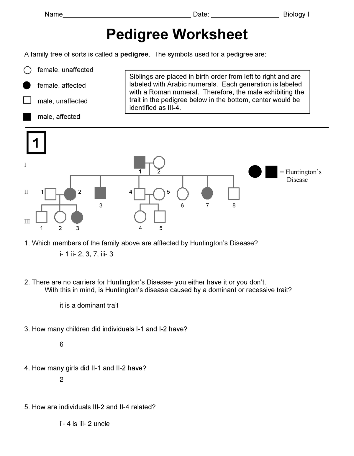 Pedigree Practice Worksheet Part 1 Answers